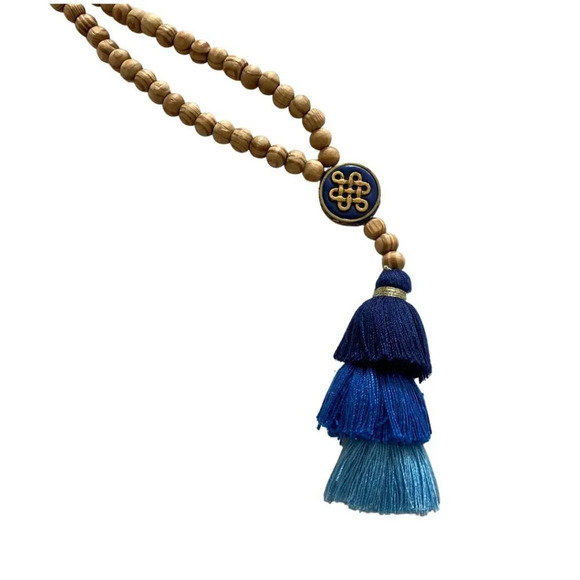 Long Wood Bead Necklace with Blue Tassel Adornment - Picture 4 of 5